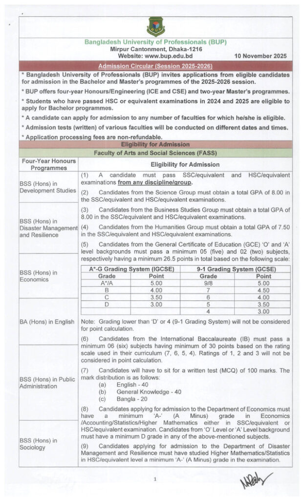 BUP Admission Circular