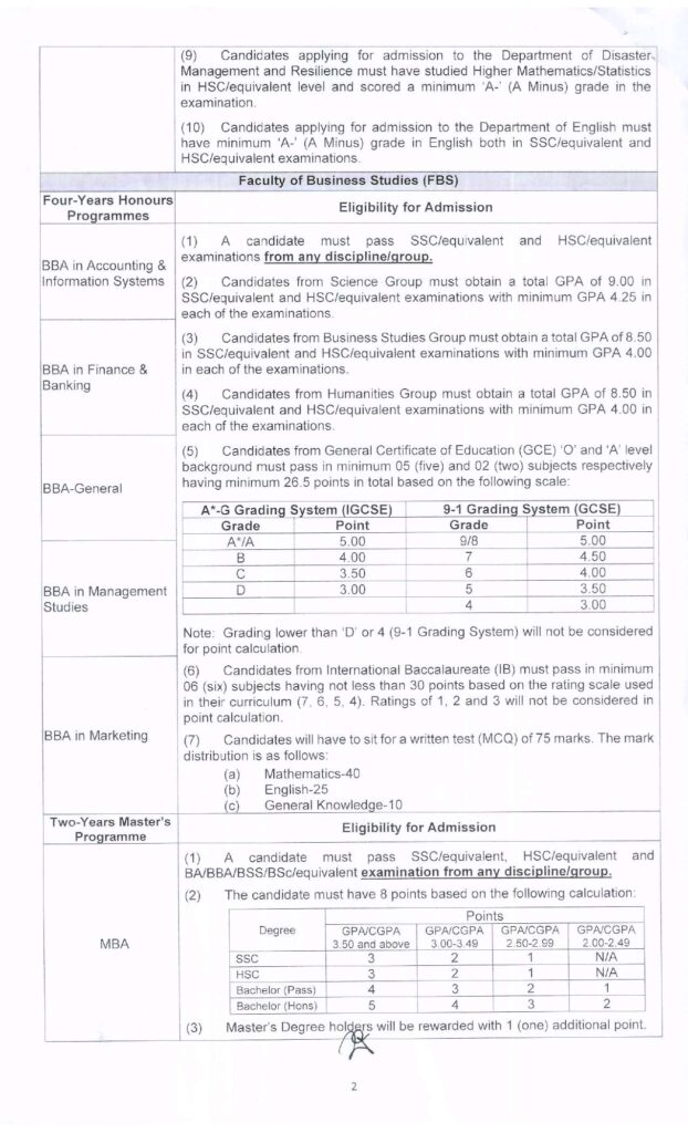 BUP Admission Circular 