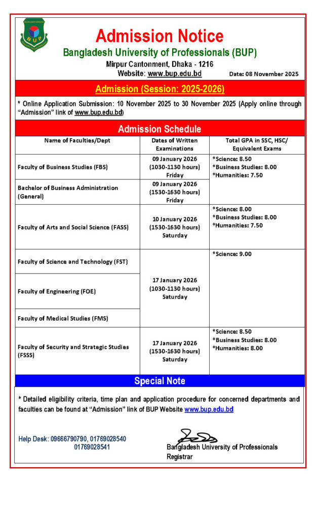 BUP Admission Circular