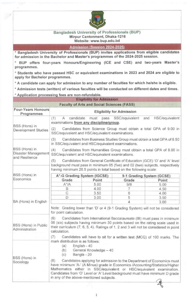 BUP Admission Circular