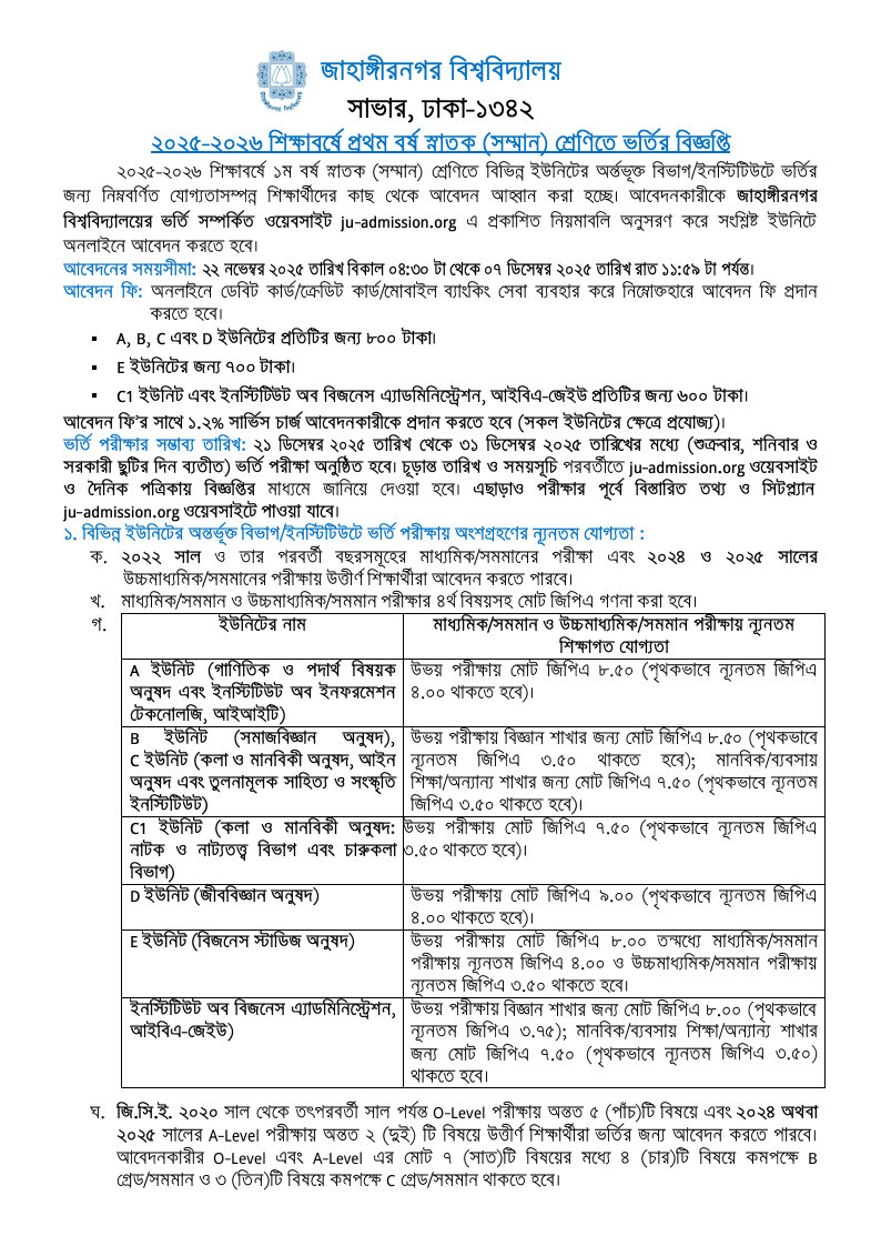 Jahangirnagar University Admission Circular