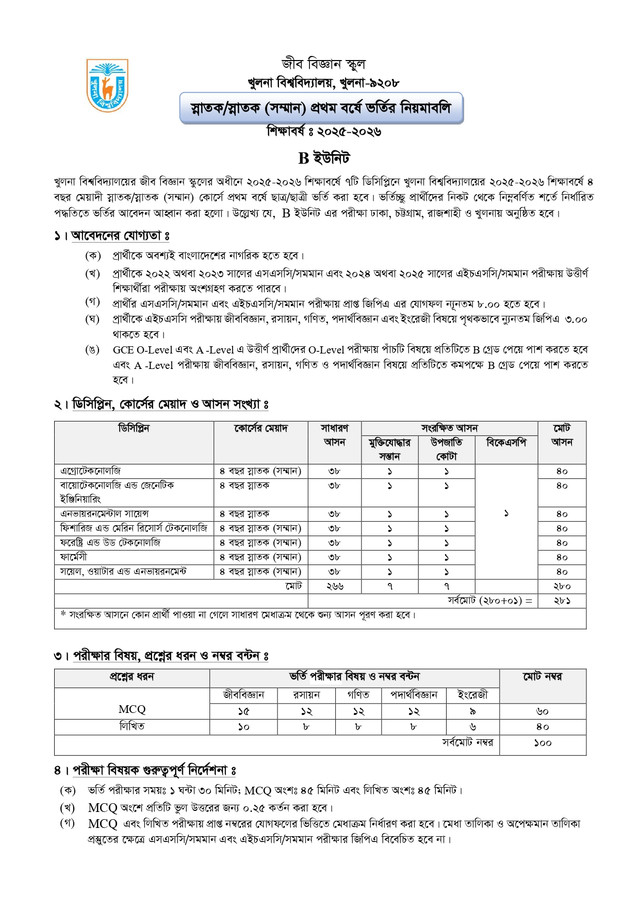 KU Admission Circular 2026