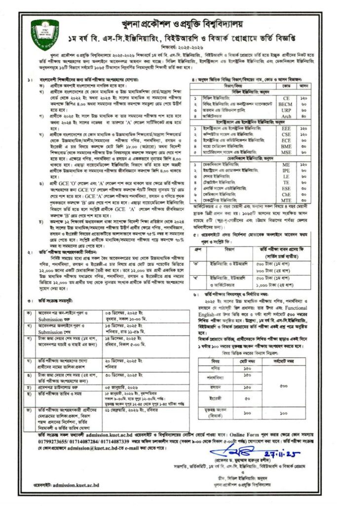 KUET admission notice 2025-26